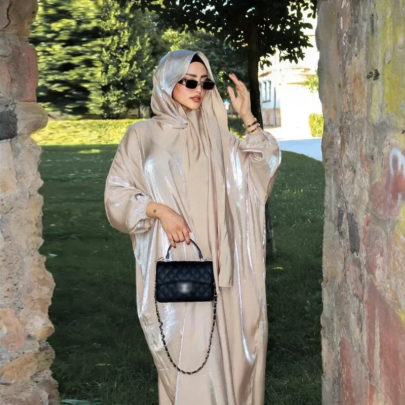 2024 Muslim Ramadan Robe Cardigan Shiny Fashion Robe Femme Musulman Solid Color Suit Including Headscarf for Europe and America