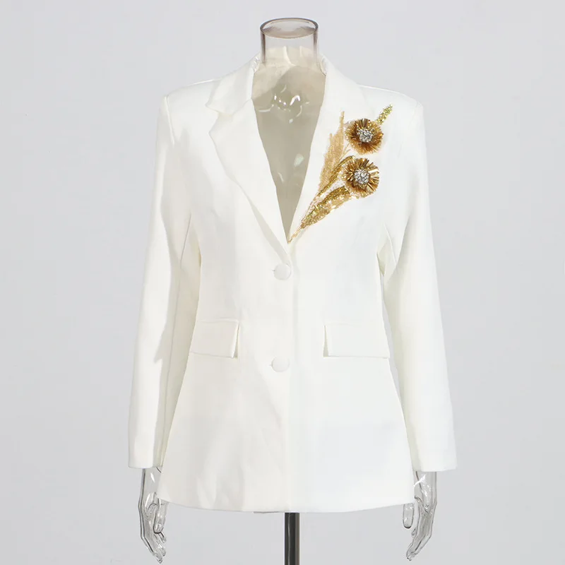 HKSH Autumn New Women Trendy Blazer Heavy Craft Beaded Diamonds Sequined Single Breasted Elegant Fashion Office Lady Coat HK9956