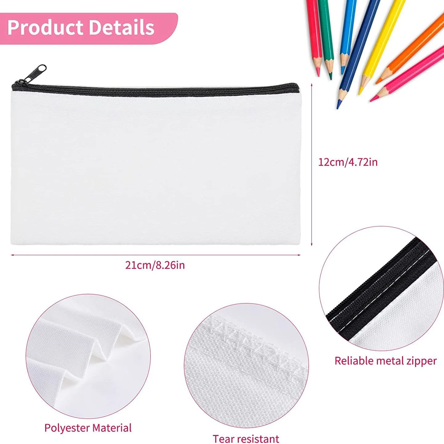 12Pack Sublimation Blank White Canvas Makeup&Pen Pouches Versatile Travel Toiletry Polyester Bags for DIY Crafting