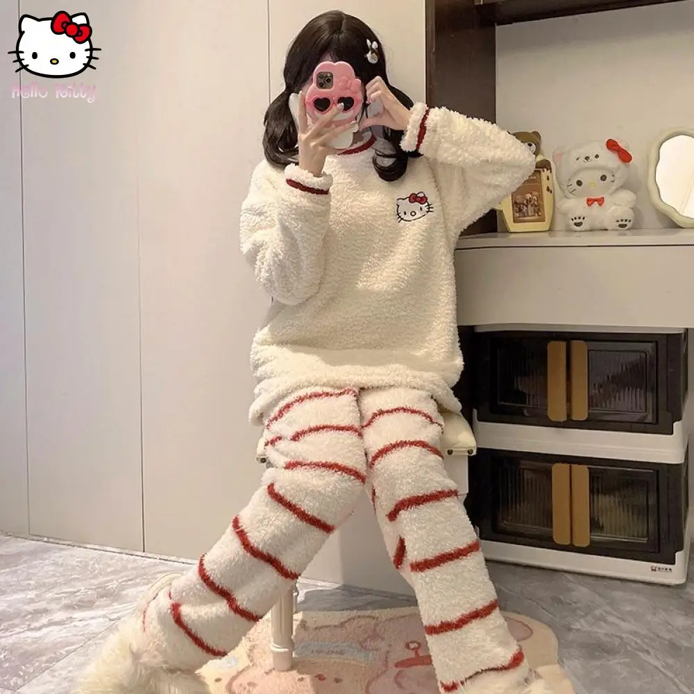 ملابس نوم نسائية شتوية جديدة من سانريو نصف صوف كاجوال برقبة دائرية طقم ملابس منزلية مريحة وناعمة كرتونية دافئة #2