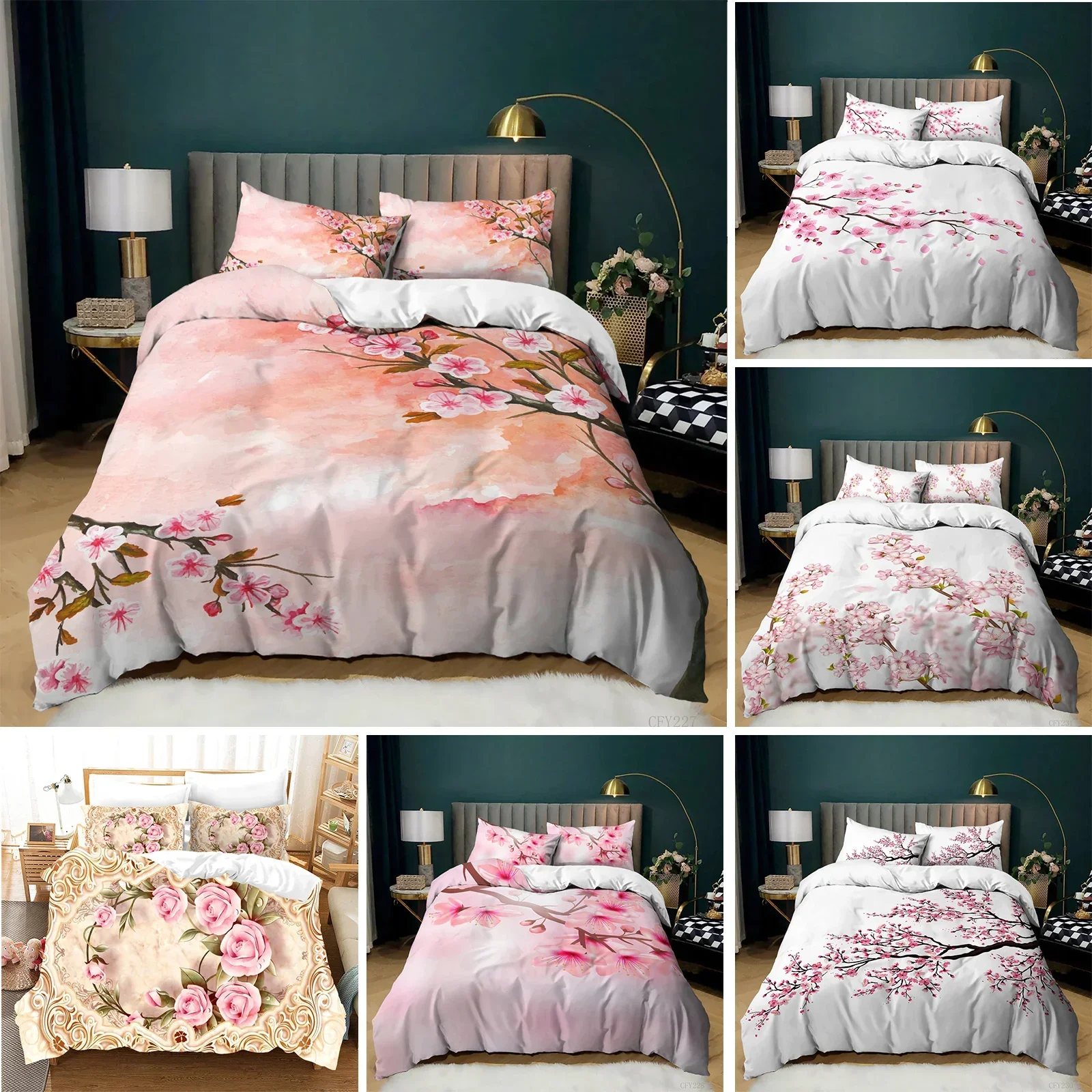 Plum Blossom Bedding Set Red Flower Floral Comforter Cover for Kids Girls Teens Women,Japanese Ink Style Duvet Cover King Size