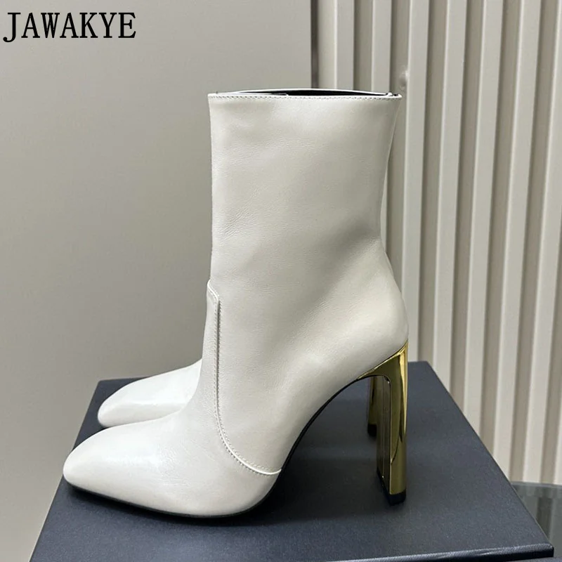 Designerskie nowe buty do kostki ze skóry naturalnej damskie metalowe złote buty na wysokim obcasie na wybiegu imprezowe buty mody Botas Mujer