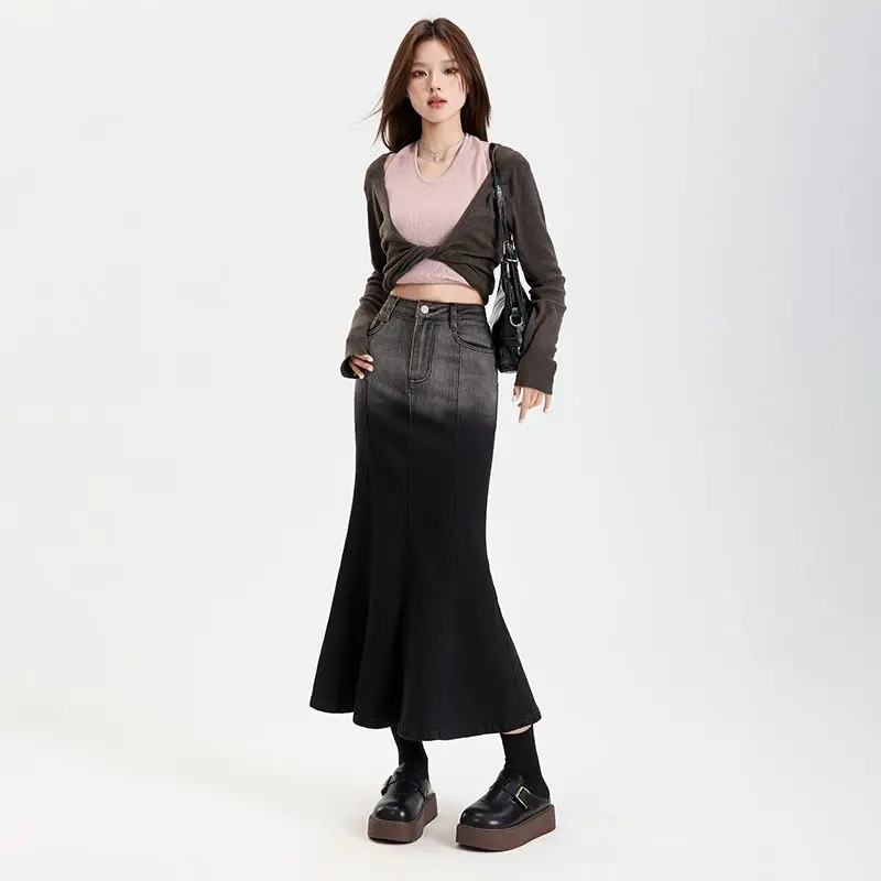 여름 드레스 빈티지 여성 여름 스커트 그라데이션 하이 웨이스트 a 라인 캐주얼 스커트 Bodycon 롱 스커트 Fishtail 여성 의류