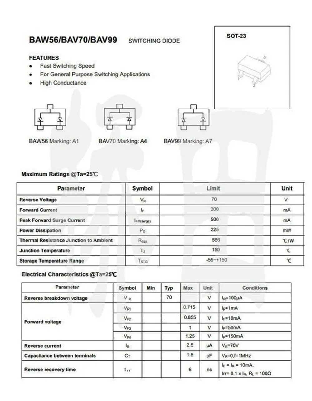 Transistor interruttore chip Smd Bav70 A4 0.2a 70v Sot-23 da 100 pezzi