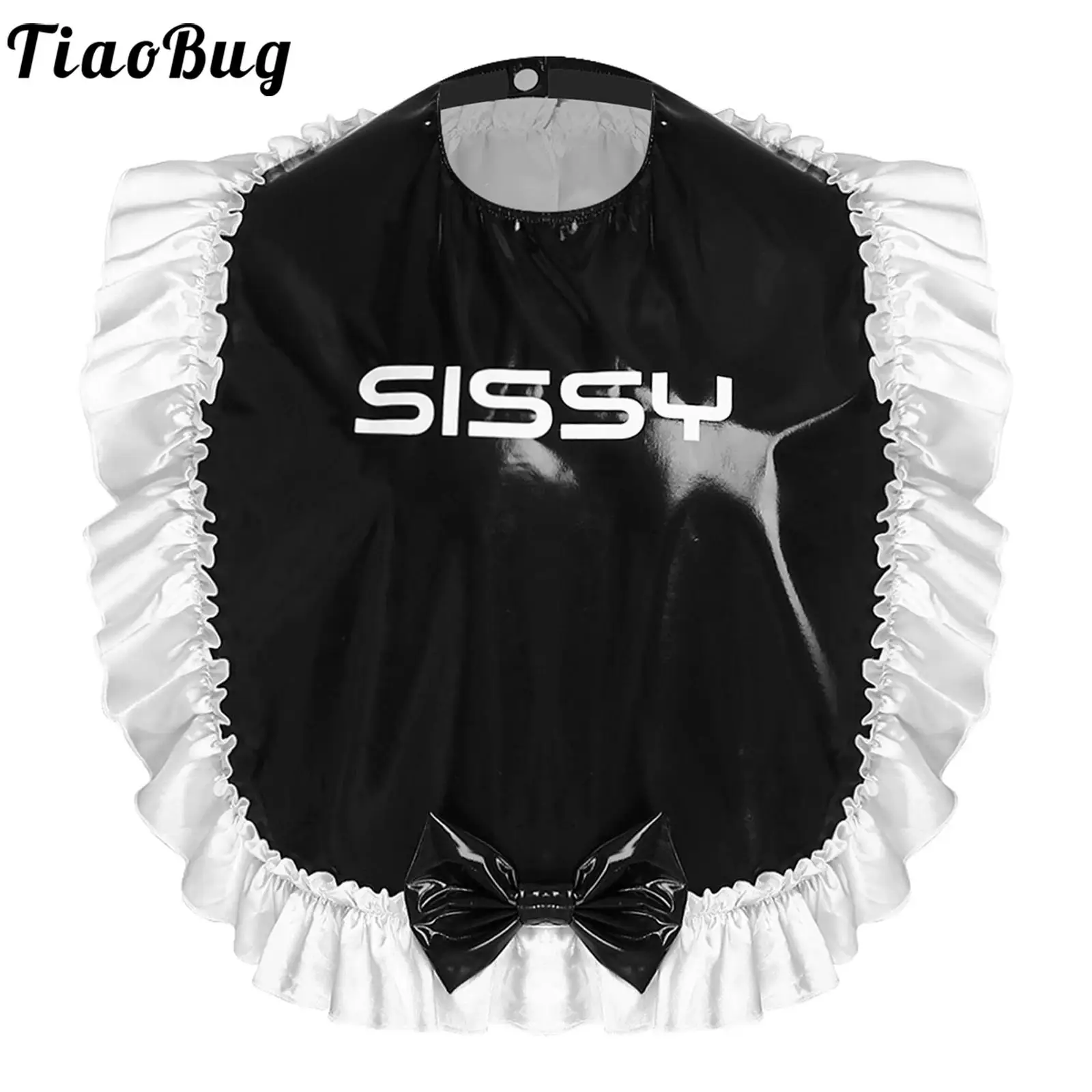 

Men Fashion PU Leather Sissy Letter Printed Bibs Party Raves Servant Maid Cosplay Bibs Tops for Halloween Dress-up Accessory