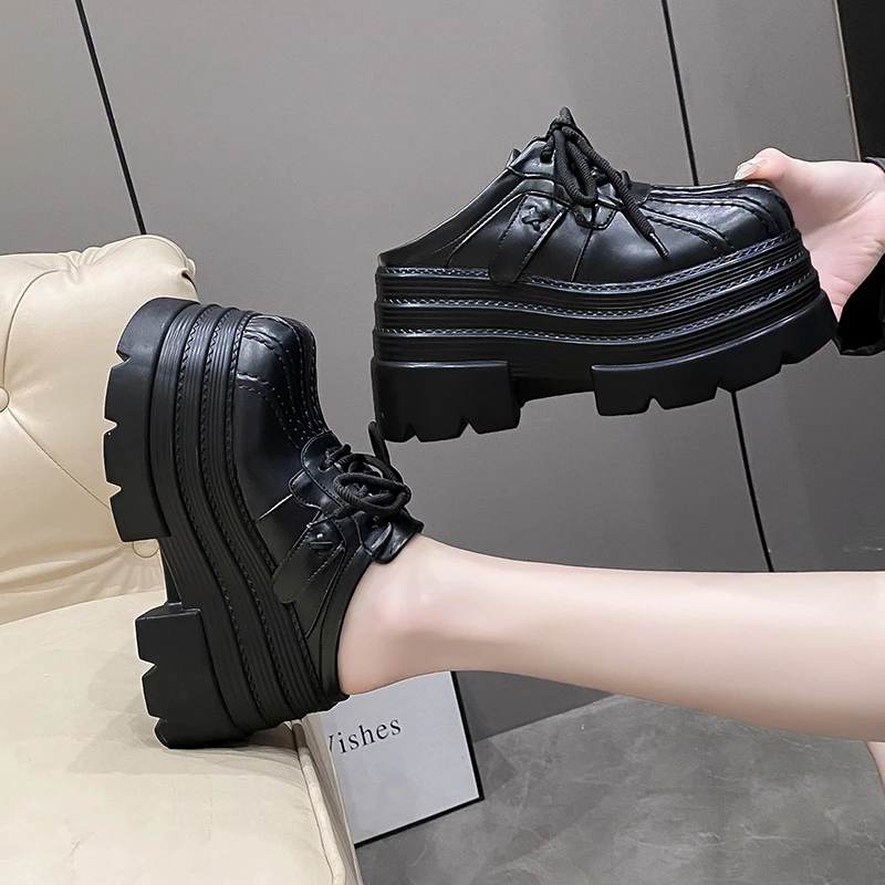 Spring Women's High Heel Platform Sneakers with 10CM Hidden Elevator Chunky Sole Slip-On Mules Backless Slide Shoes
