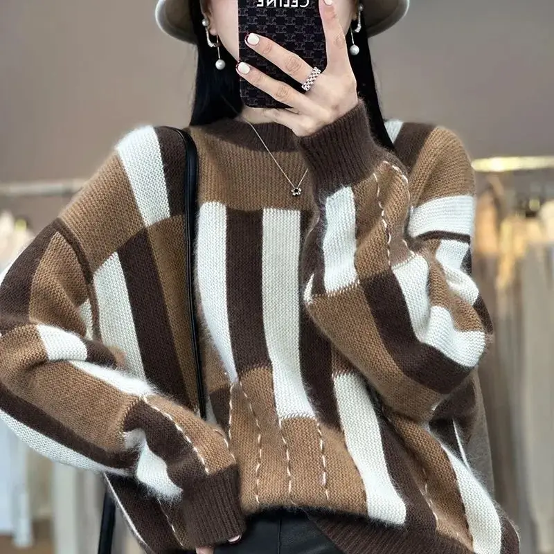 Female Clothing Patchwork Geometric Sweaters 2023 Autumn Winter Vintage Fashion Contrasting Colors Casual O-Neck Knitted Jumpers