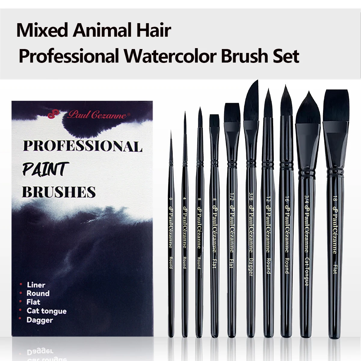 Professional Painting Brush Set with 10 Different Tip Sizes, Mixed Animal Hair, Multi-Purpose for Watercolor Acrylic Gouache