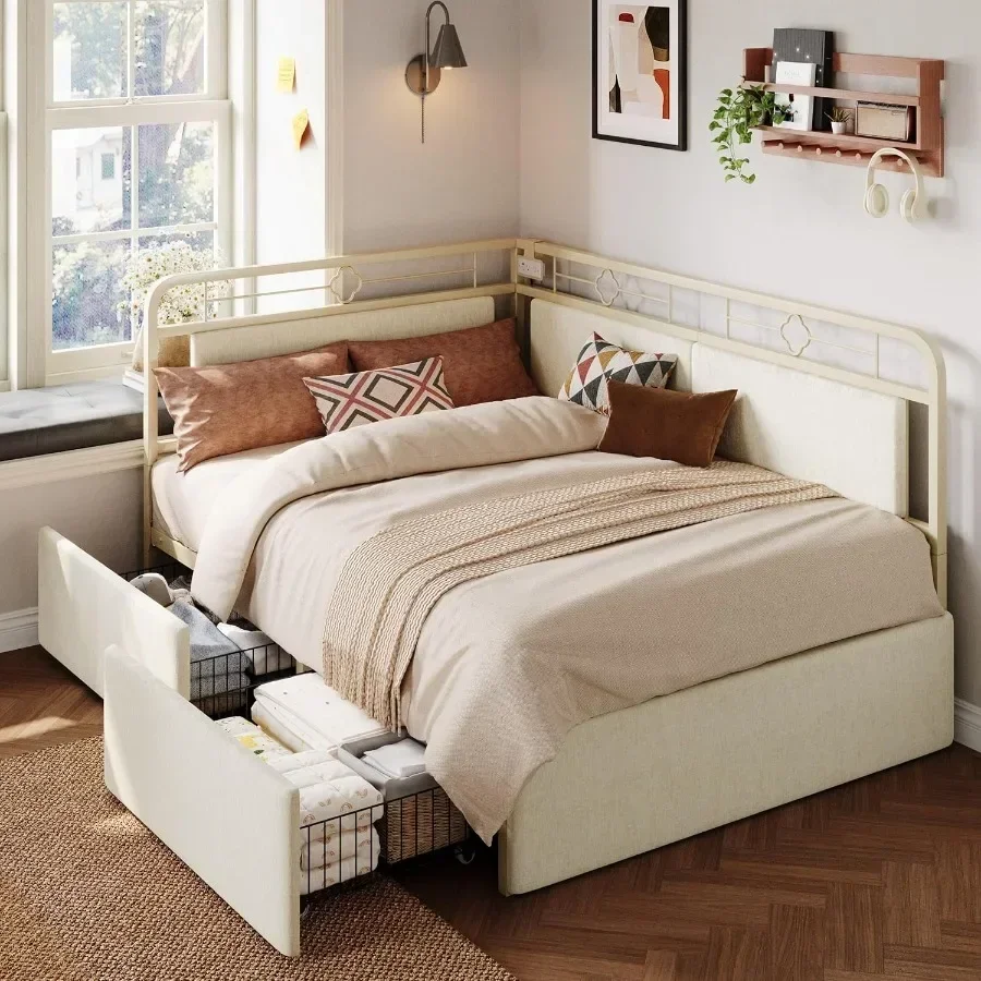Size Corner Bed Frame with Storage Drawers, Charging
