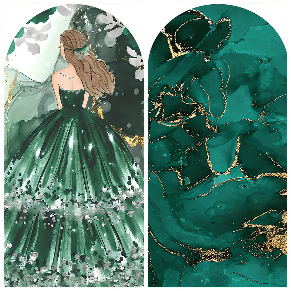 

Mehofond Quinceanera Princess Birthday Party Arch Backdrop Cover Hair Bow Dark Green Dress Decor Marble Gold Photo Background
