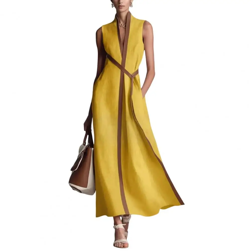 Elegant Contrast Striped Print Party Dresses Women Spring Chic V Neck A-Line Long Dress Summer Sleeveless Vacation Maxi Dress