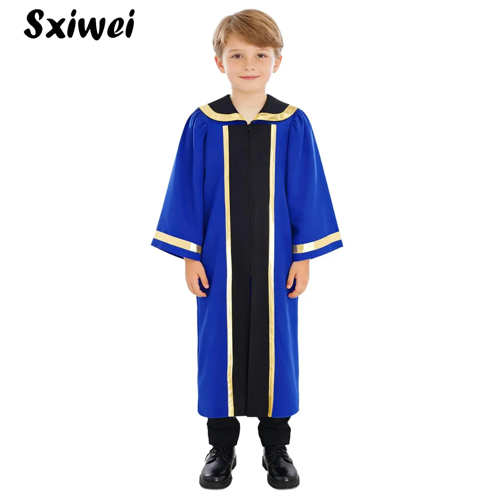 

Boys Girls Long Sleeve Choir Robe Kids Metallic Worship Praise Gown Ceremony Halloween Christian Pastor Priest Cosplay Costume