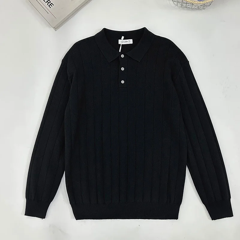 Männer Vintage Gestreiften Revers POLO Gestrickte Pullover Mann Business Casual Mode Lose Beiläufige Langarm Pullover Pullover Tops