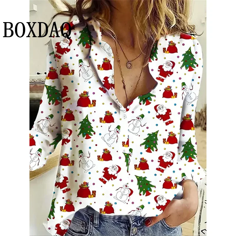 Women\'s 2024 New 3D Christmas Print Long Sleeve Blouses Elegant Lapel Long Sleeve Tops Winter Spring Single-Breasted Basic Shirt