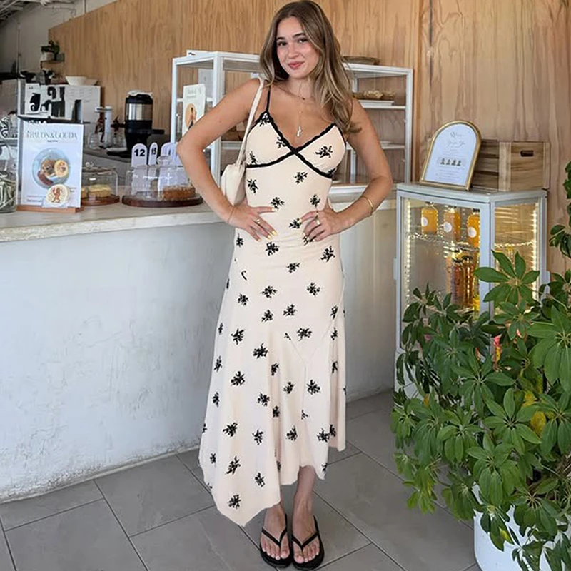 

Ticketsx Floral Print Long Dress Women's Sexy V Neck Lace Patchwork High Waist Slim Dress Lady Summer Chic Evening Party Dresses