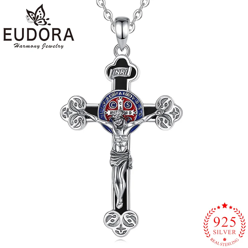 

Eudora стерлингового серебра 925 пробы, распятие, крест Иисуса, ожерелье, амулет из обсидиана, подвеска в виде креста Святого Бенедикта, ювелирные изделия, религиозный подарок