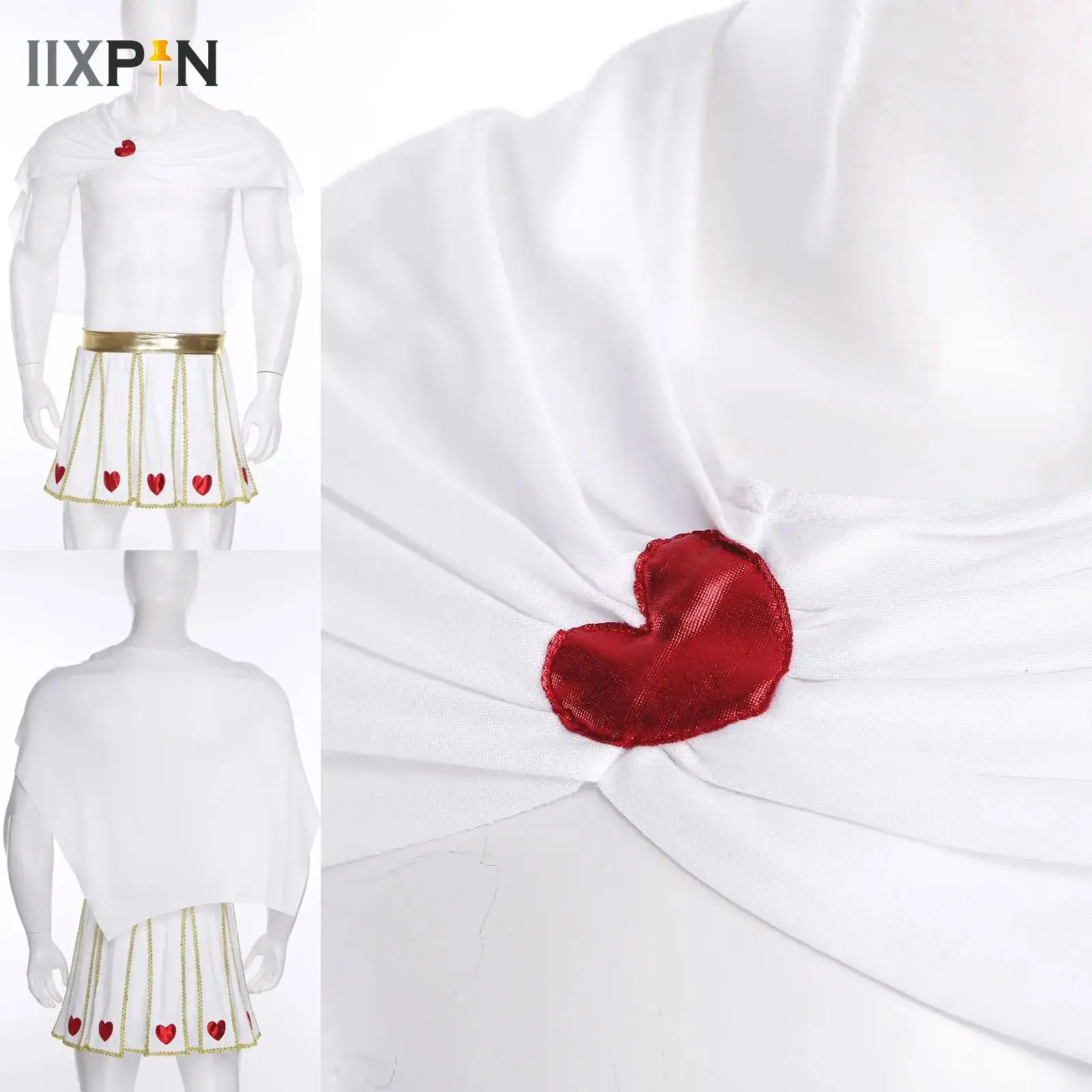 

Men Valentine Halloween Cupid Princess Cosplay Costume Heart Pattern Skirt with Ruched Cape Suits for Festivals Performance Wear