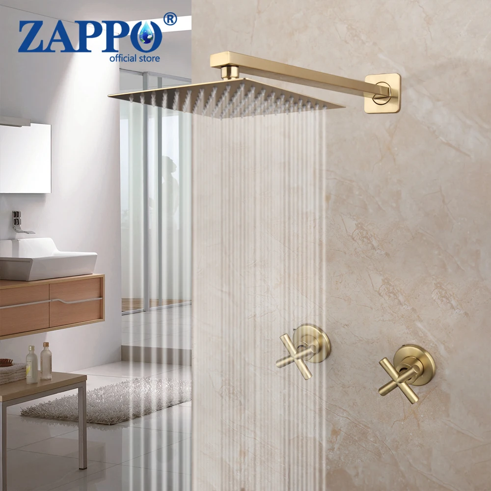 

ZAPPO Wall Mount Rainfall Shower Tap Kits Dual Handle Mixer Tap Bathtub Shower Kit Luxury Brushed Gold Shower Faucet Set