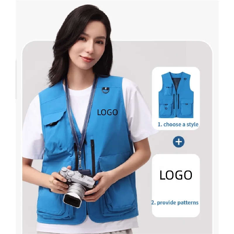Outdoor Vest Jacket Printed Logo Multi-Pocket Fishing Vest Team Activity Workwear Vest Tour Guide Service Catering Staff Uniform