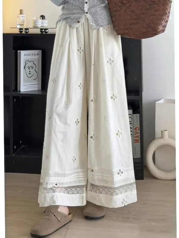 Ele-pantalones de hadas ligeros bordados para mujer, pantalón informal, holgado, de pierna recta, de cintura alta, para ir al trabajo en verano