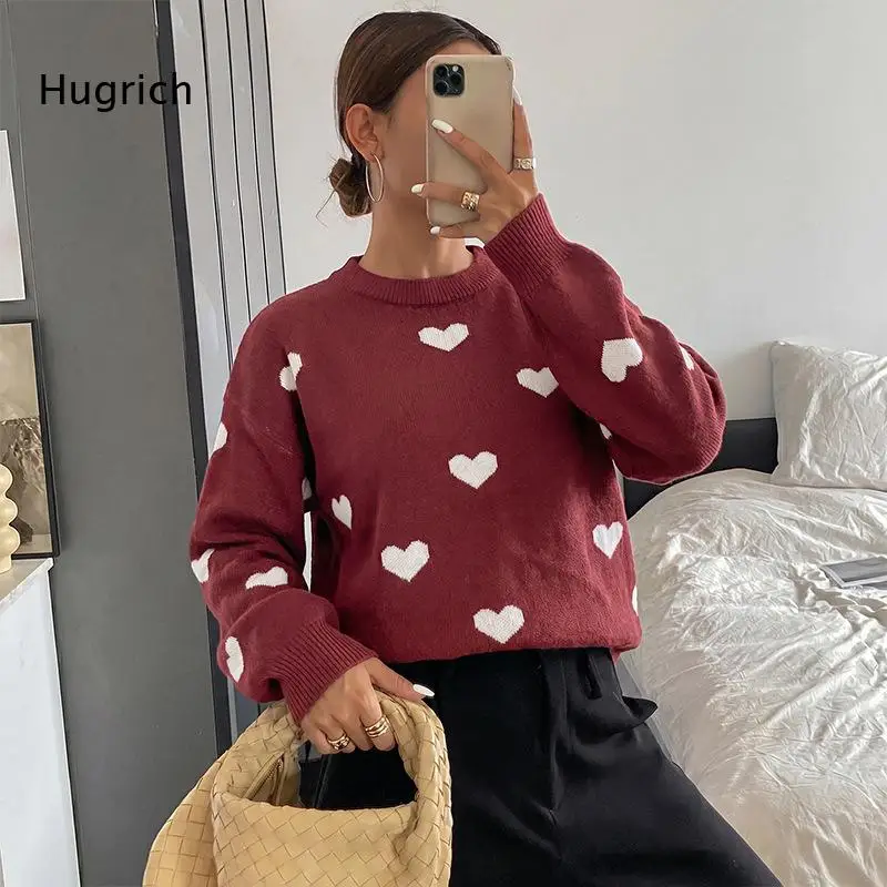 Women's Burgundy Heart Print Crew Neck Sweater Long Sleeve Knit Pullover Top Fall Winter Casual Loose Fit Layering Piece
