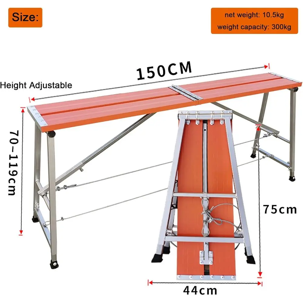 Adjustable Height Work Platform for Drywall and Multipurpose Ladder with Stool, 40cm x 150cm Work Bench