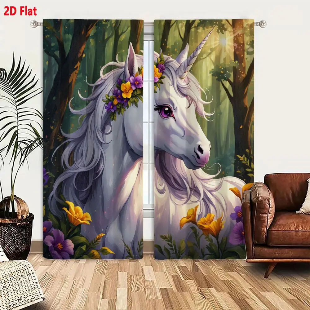 2Pcs Curtains 2D Flat Whimsical Illustrated White Unicorn With Spiraled Horn Silver Mane Crown Of Purple Yellow Flowers Large Pi