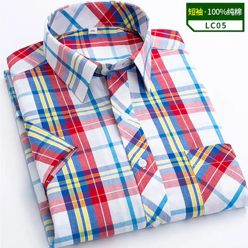 7XL 8XL Men\'s short sleeve shirt Summer 100% cotton high quality thin fashion plaid casual free wear breathable plus size