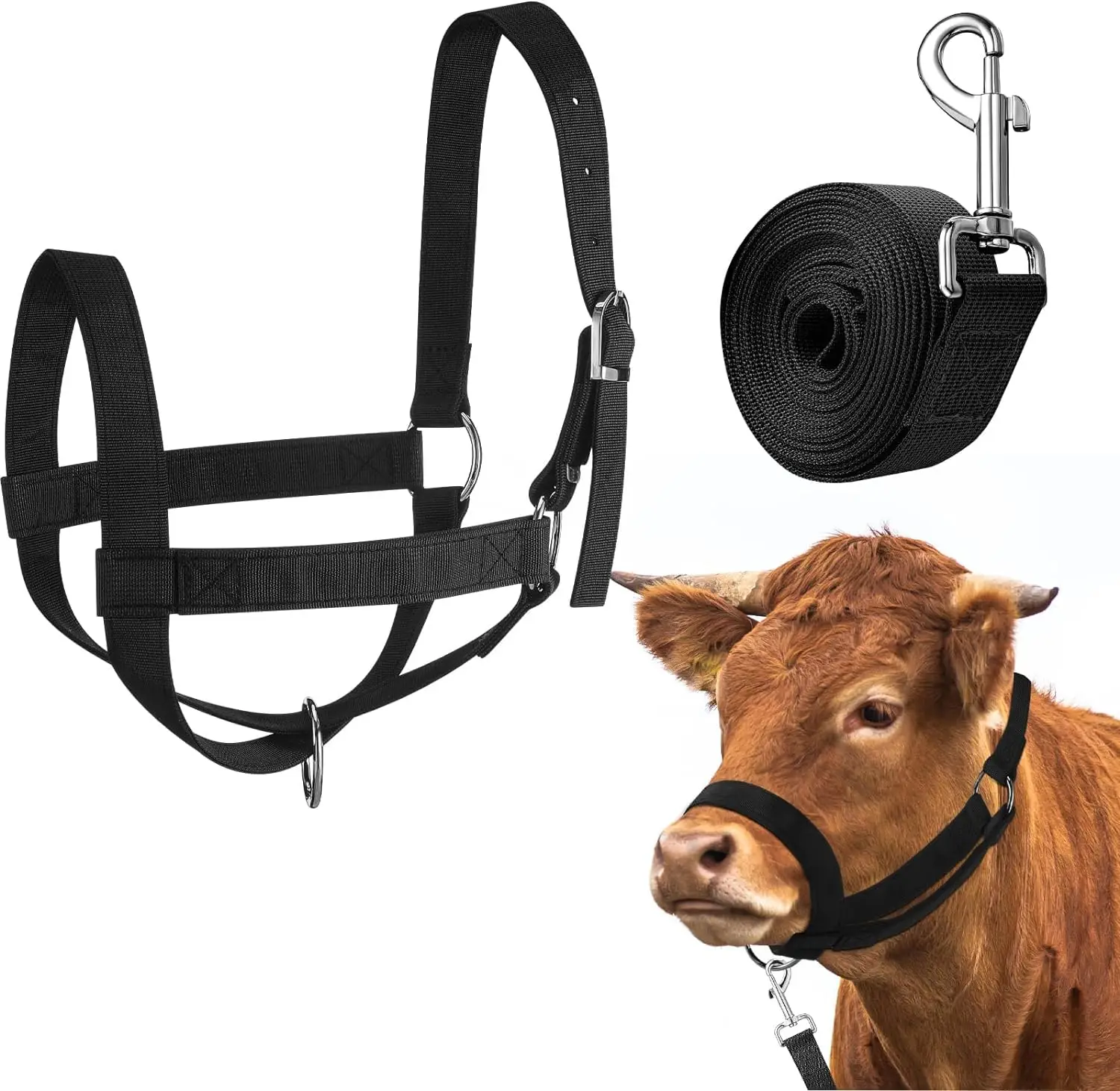 Cow Halter Cattle Halters Calf Halter with Leading Rope，Adjustable Nylon Livestock Cattle Halter，for Miniature Horse Donkey