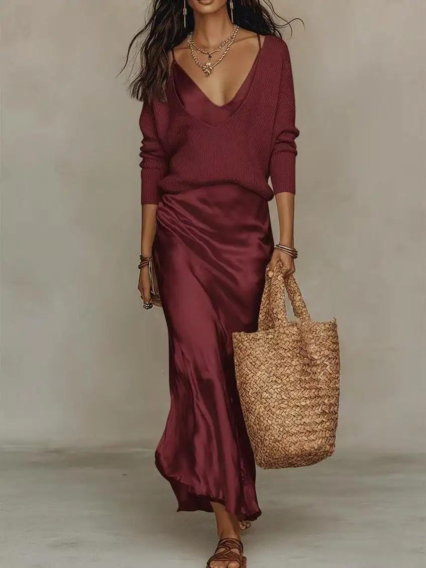 European American Fashion Knit Sweater Top Satin Slip Dress Elegant Commuter Two Piece Outfit Set