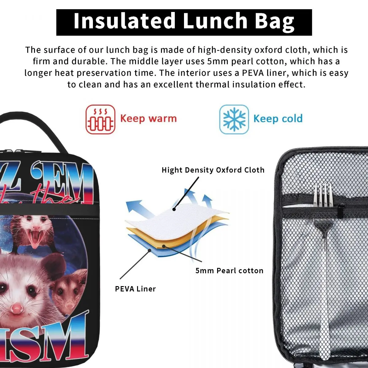 Lustige rizz em mit dem tismus opossum wärme isolierte lunch taschen für picknick tragbare lebensmittel tasche männer frauen kühler thermische lunch box