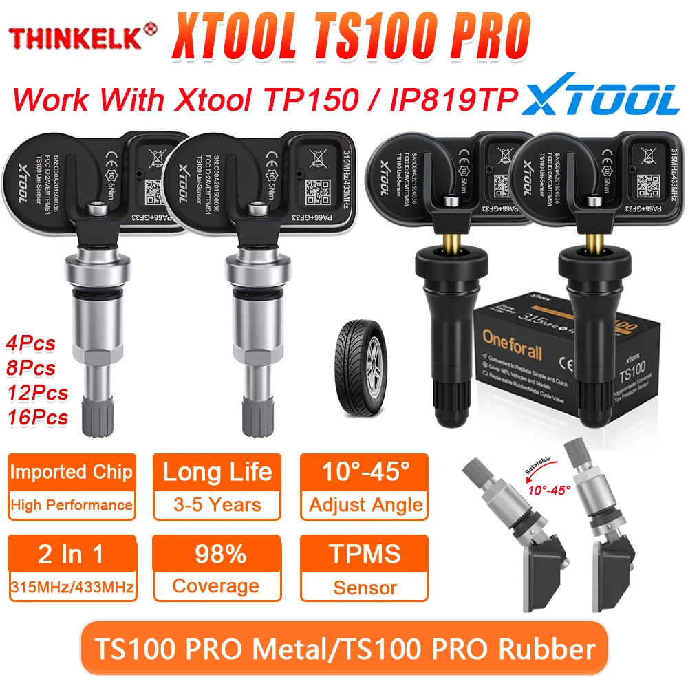 XTOOL TS100 PRO TPMS Sensor Tire Repair Pressure Monitor 2in1 SENSOR 315 /433MHz Rotatable From 10-45° For Xtool TP150 / IP819TP