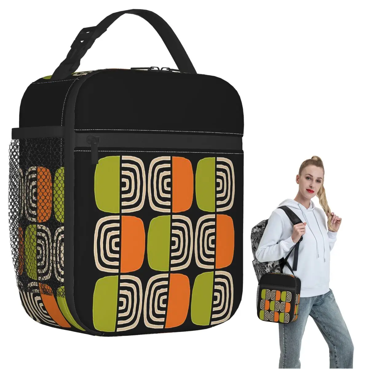 Half Concentric Circle Pattern Black Orange Green And Beig Insulated Lunch Bag for Women Children Food Boxes Thermal Lunch Box