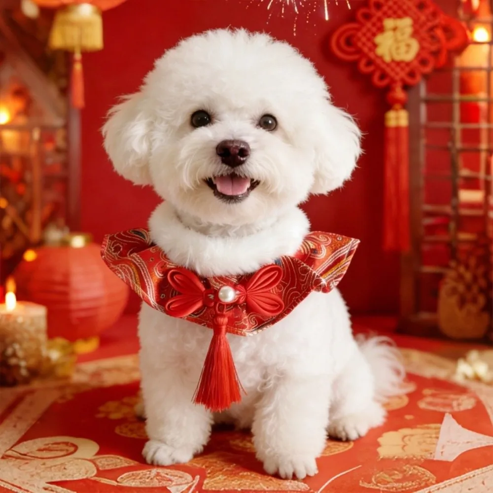 Adorable Chinese Style Pet Cat Scarf Cute Warm Pet Saliva Towel Blessing Adjustable Length New Year Dog Collar Party Accessories