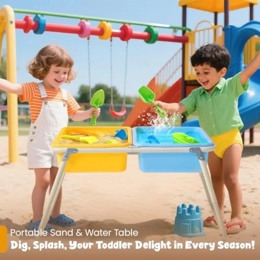 Toddler Sensory Table For Ages 3-6 Years, Height Adjustable Foldable Design With Dust Cover, Two Storage Bins And Beach Accesso