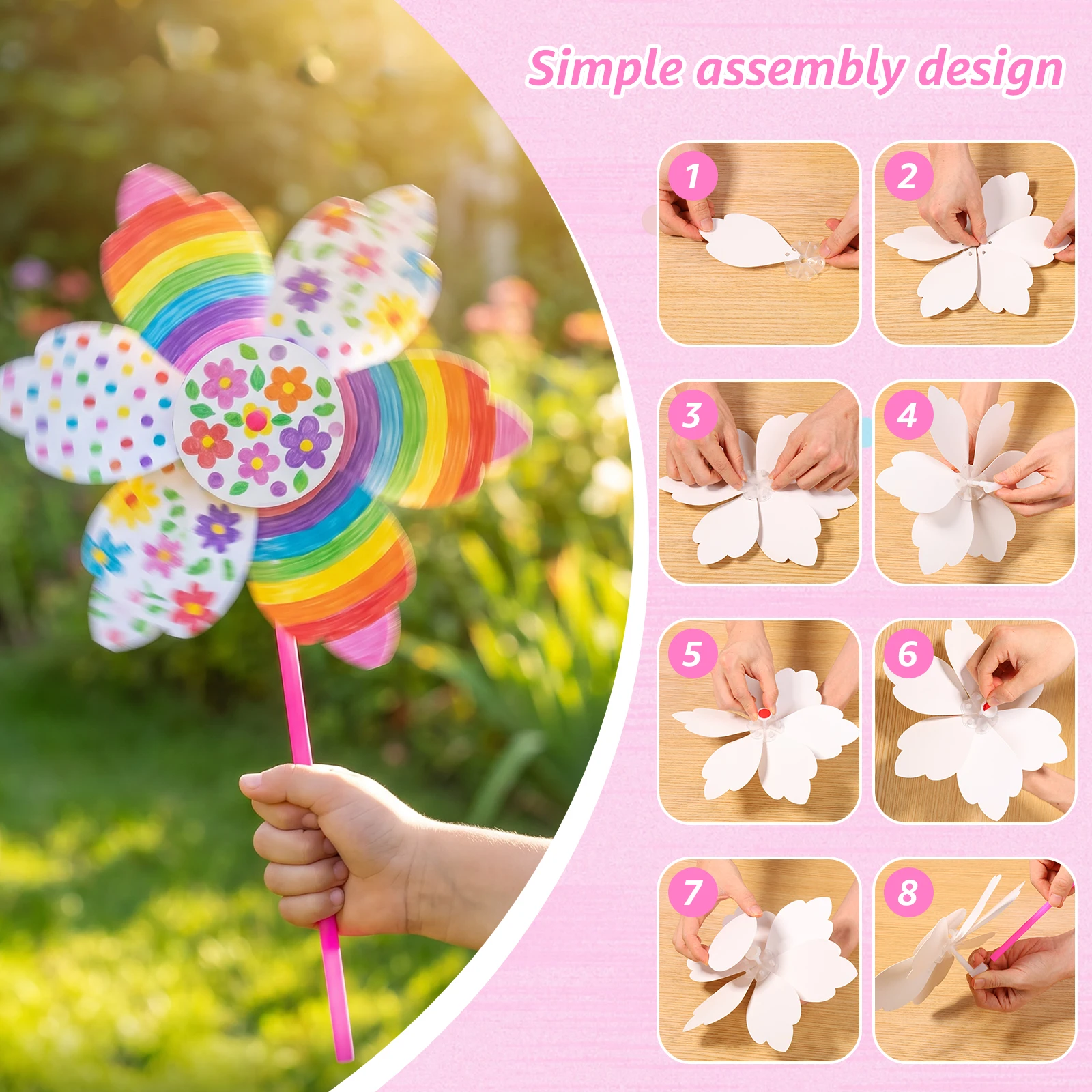 20/100Pcs DIY Pinwheels Craft White Blank Paper Pinwheel Craft Kit Color Your Own for Summer Activities School Daycare Graffiti view 5