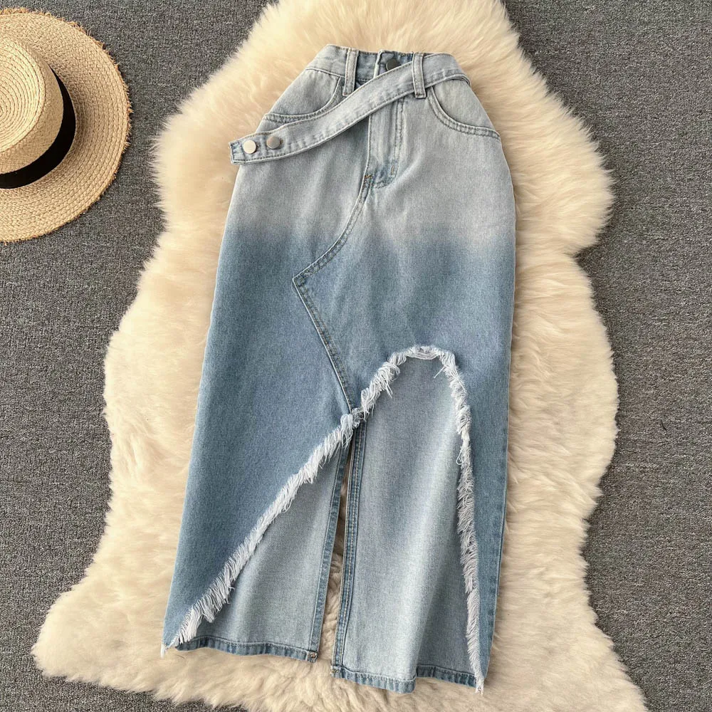 

Vintage Irregularity Raw Edge Denim Skirts Women High Waist Gradient Slit A-line Jean Skirts Leisure Mid Length Ladies Skirts