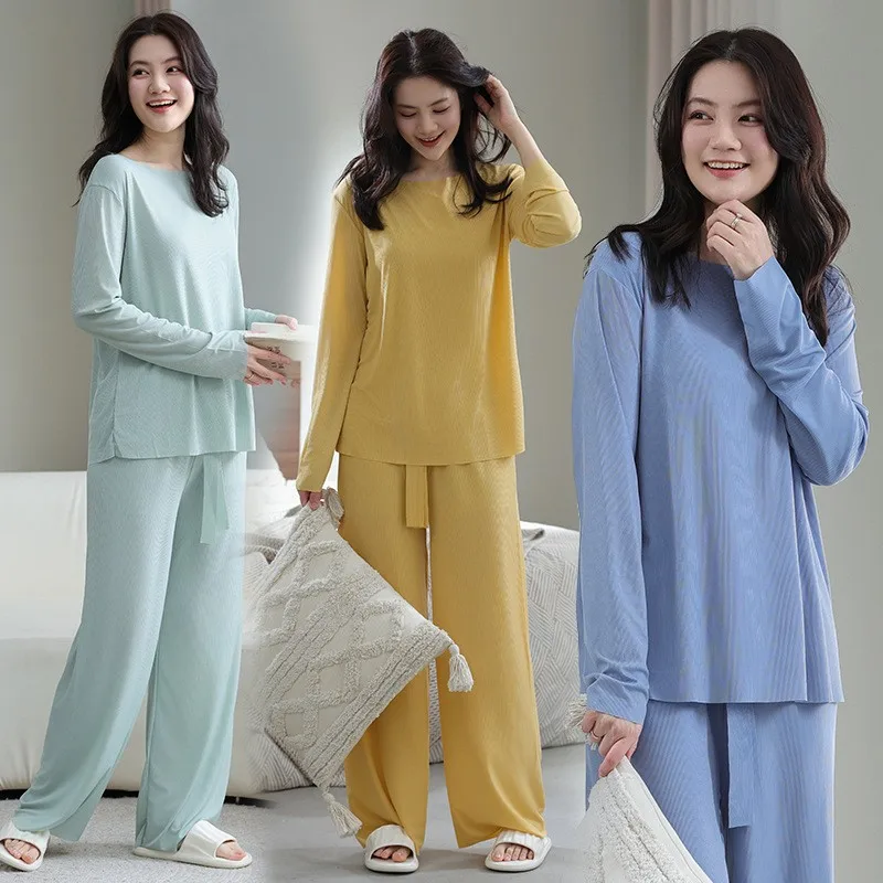 

Womens Lightweight Viscose Pajama Set Plus Size Long Pants Long Sleeve Top in Candy Colors Cool Loungewear for Spring Summer