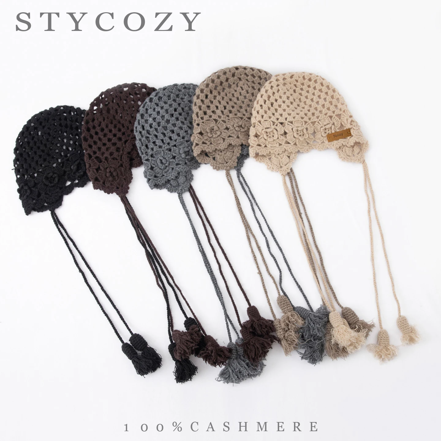 100%Cashmere Crochet Women Earflap Beanie Bohemian Floral Hollow Out Knitted Hat with Tassel Ties Lightweight Winter Headwear