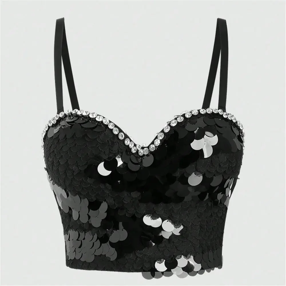 Klub imprezowy Streetwear Bielizna Stylizacja Kostiumy sceniczne Seksowny Gorset Rybia łuska cekiny Top Bez Rękawów Błyszczące Kropki Gorsety Biustonosz