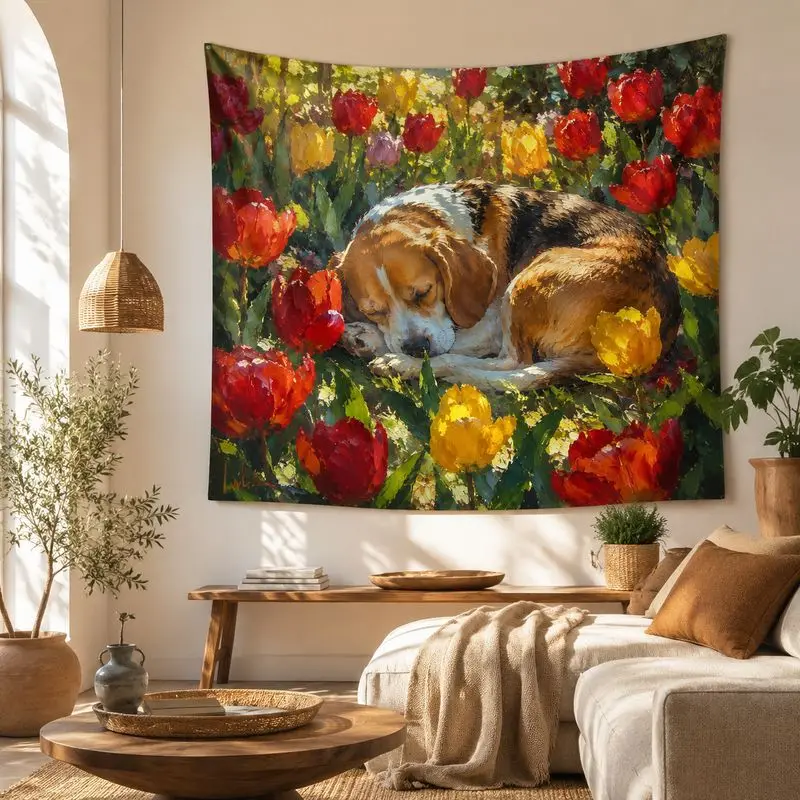 Wildflower Floral Pet Cat Dog Scene Wall Tapestry Wall Hanging Countryside Girls Bedroom Living Room Decor Cloth