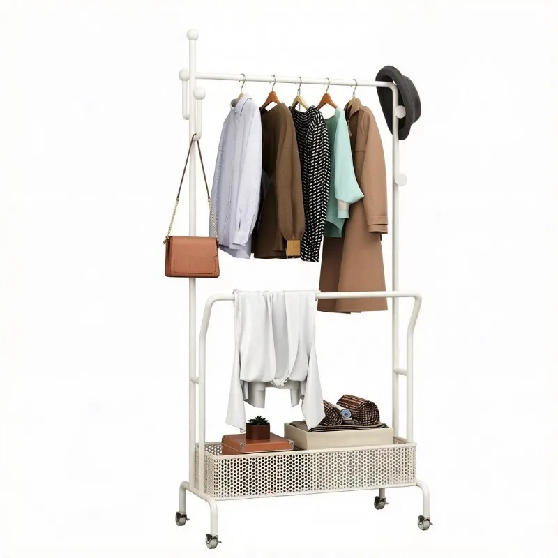 Household bedroom coat rack wrought iron hanging clothes rack cream wind floor hanger removable indoor hanging hanger