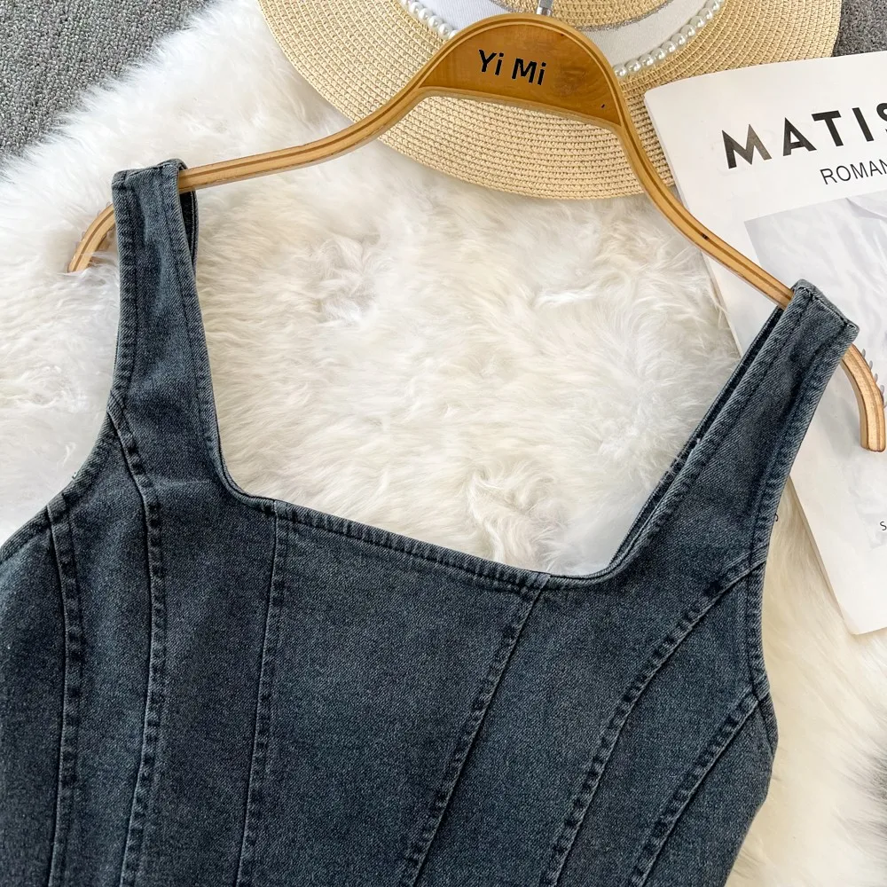 Retro ort Denim Strap Vest Women's Outerwear Summer Versatile Slim Fit Zipper Bal Top Commute Pure Color 8-24 Years Old