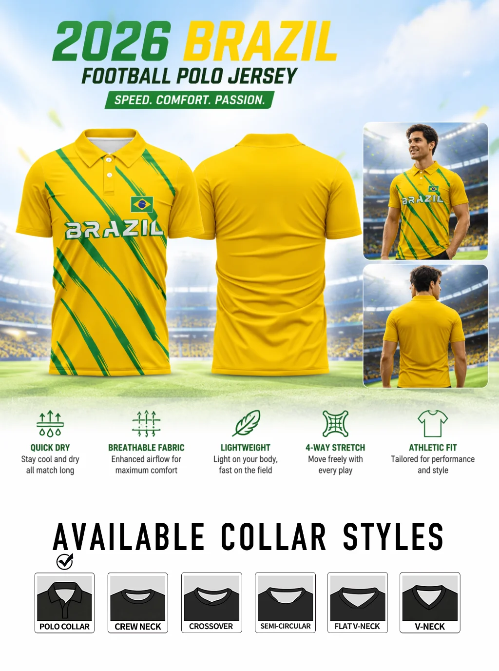 Classic short‑sleeved polo collar shirt, fashionable brushed‑texture stripes for passionate football fans