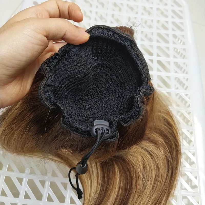 고품질 인모 하이라이트 피아노 컬러 P4/27 대비색 드로스트링 포니테일 스트레이트 포니테일 패셔너블