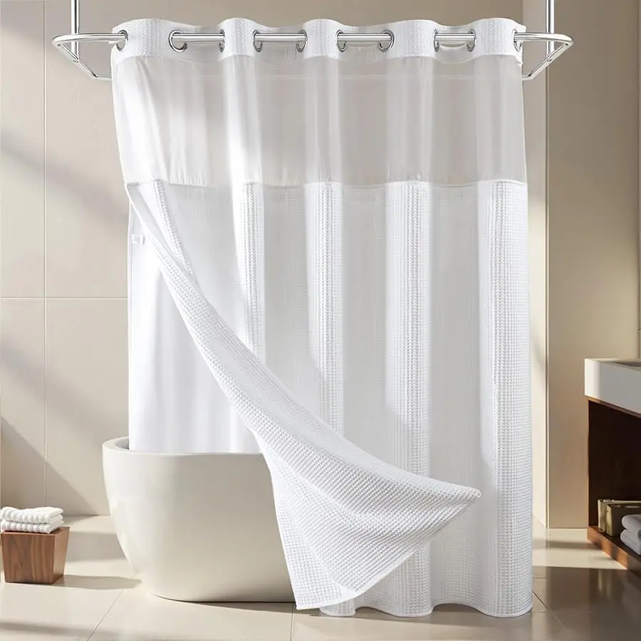 

Ri er Dream White Fabric Shower Curtain Set, Cotton Blend, Waffle Wea e, with Snap in Replacement Liner，71 x 74 inches
