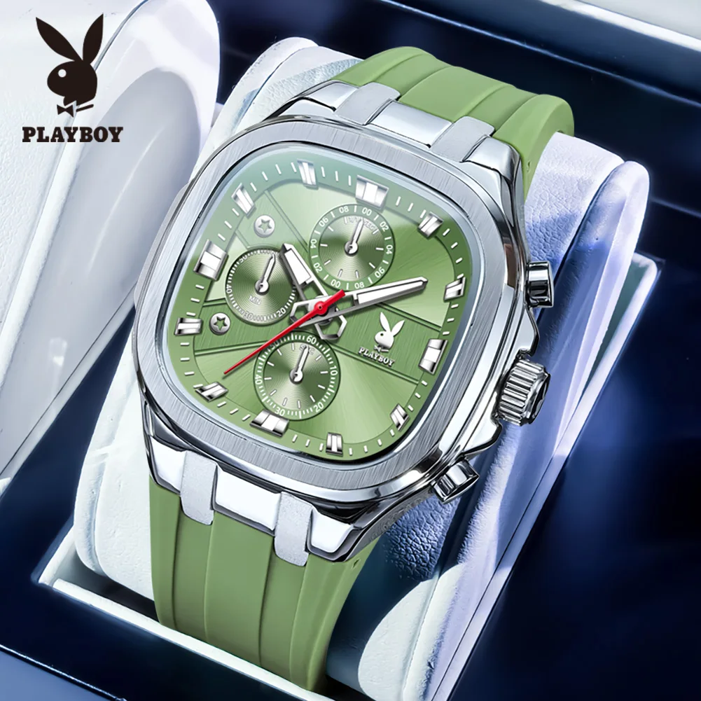 PLAYBOY 3076 Original Quartz Movement Watch Multi-functional Luminous Function 30m Waterproof Timing Reset Button Men Watch