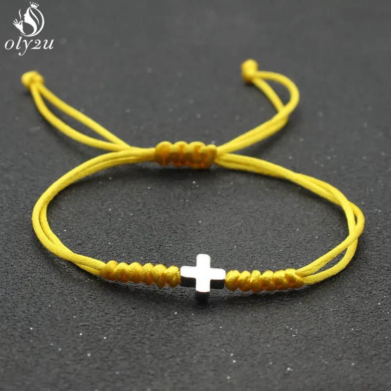 Handmade Stainless Steel Small Cross Charm Bracelet Thin Blue Red Rope Thread String Hand-woven Bracelets For Men Women Couples
