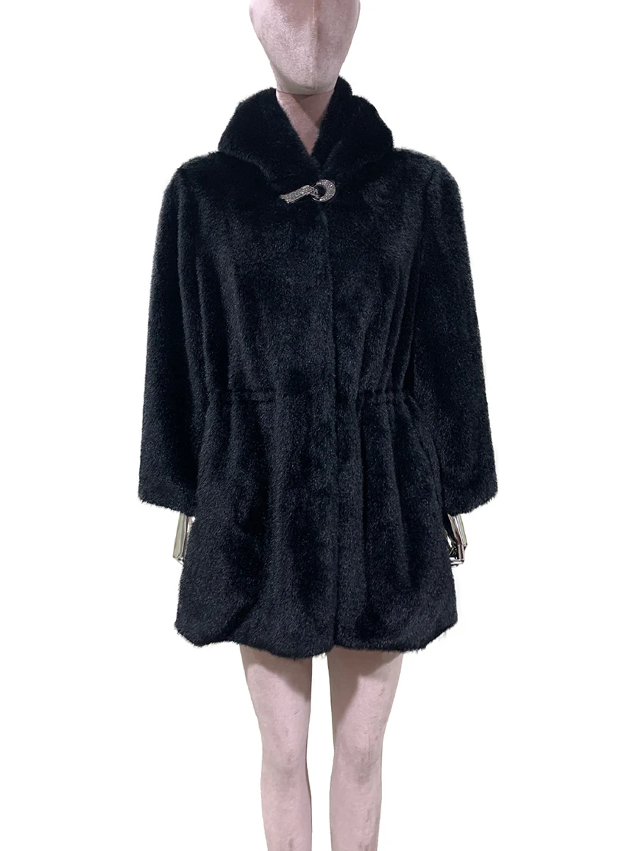 Autumn Winter Black Warm Thick Soft Faux Mink Fur Coat Women with Hood 3/4 Sleeve Drawstring Waist Elegant Luxury Fluffy Jacket