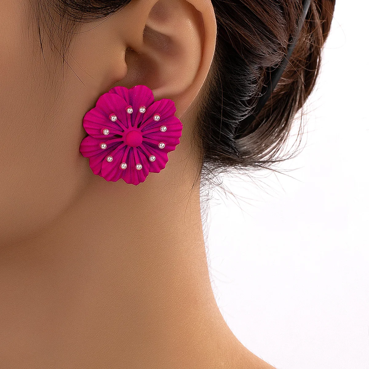 Ethnic Big Flower Stud Earrings for Women Party Fashion Vintage Rose Red Double Layer Enamel Floral Post Earring Jewelry Gifts